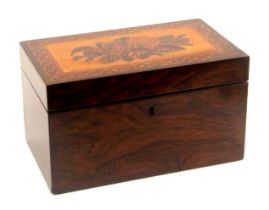 A Tunbridge ware rosewood tea caddy, of rectangular form, the lid with an inset floral mosaic