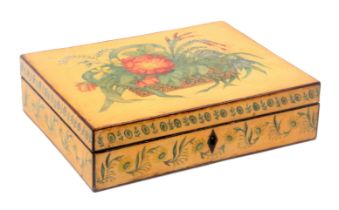 A whitewood and paint decorated rectangular box, probably relating to the Tunbridge trade, of