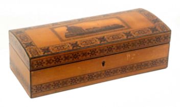 A Tunbridge ware satinwood box, of rectangular form, the sides with two bands of geometric mosaic,