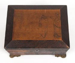 A Regency part pen work and part painted demonstration sewing box with printed trade label of “W.