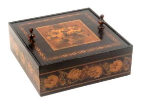 A good Tunbridge ware coromandel wood box labelled for Thomas Barton, of square form, the sides with