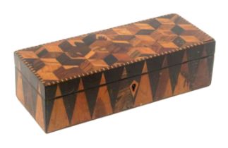 A Tunbridge ware transitional netting box, of rectangular form, the sides in van dykes, the lid in