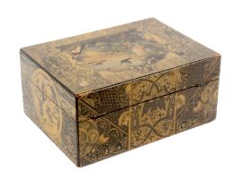 An unusual Victorian print and scrap decorated decoupage sewing box, of rectangular form, the lid