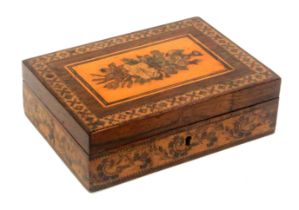 A Tunbridge ware rosewood box labelled for Thomas Barton, of rectangular form, the sides with a