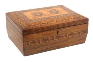 A Tunbridge ware rosewood sewing box of sarcophagol form, the sides with two bands of mosaic, the