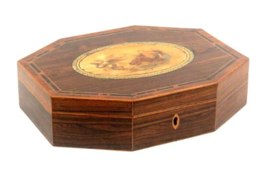 An early Tunbridge ware rosewood, print, paint and inlaid card box, attributed to Wise, of elongated - Image 1 of 4