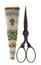 A fine French sable beadwork scissor case, with a pair of steel scissors, the scissor case of
