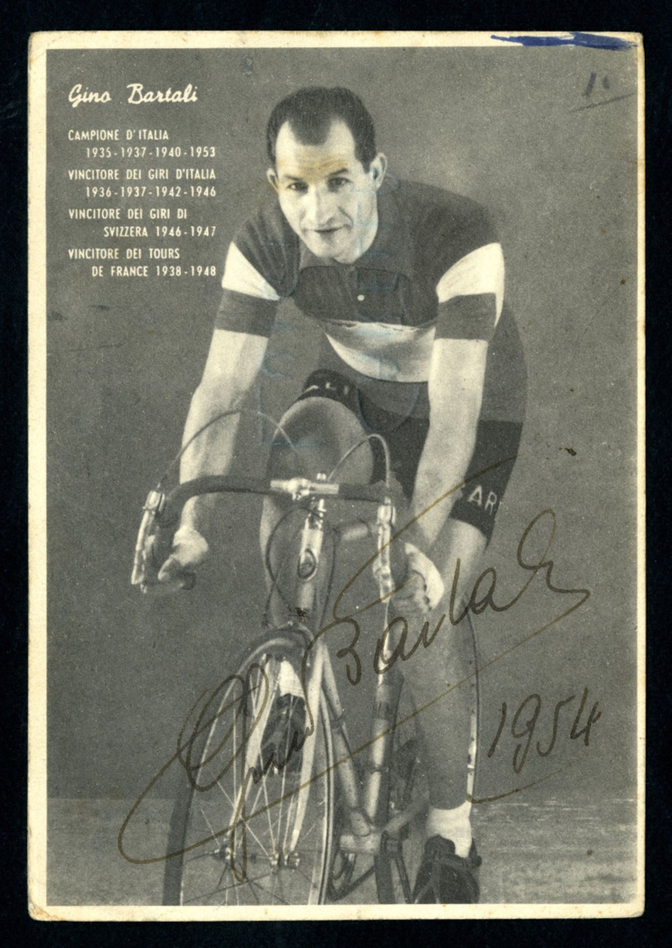 Gino Bartali - 1954 - Photographic postcard with autographed signature from his last year as a
