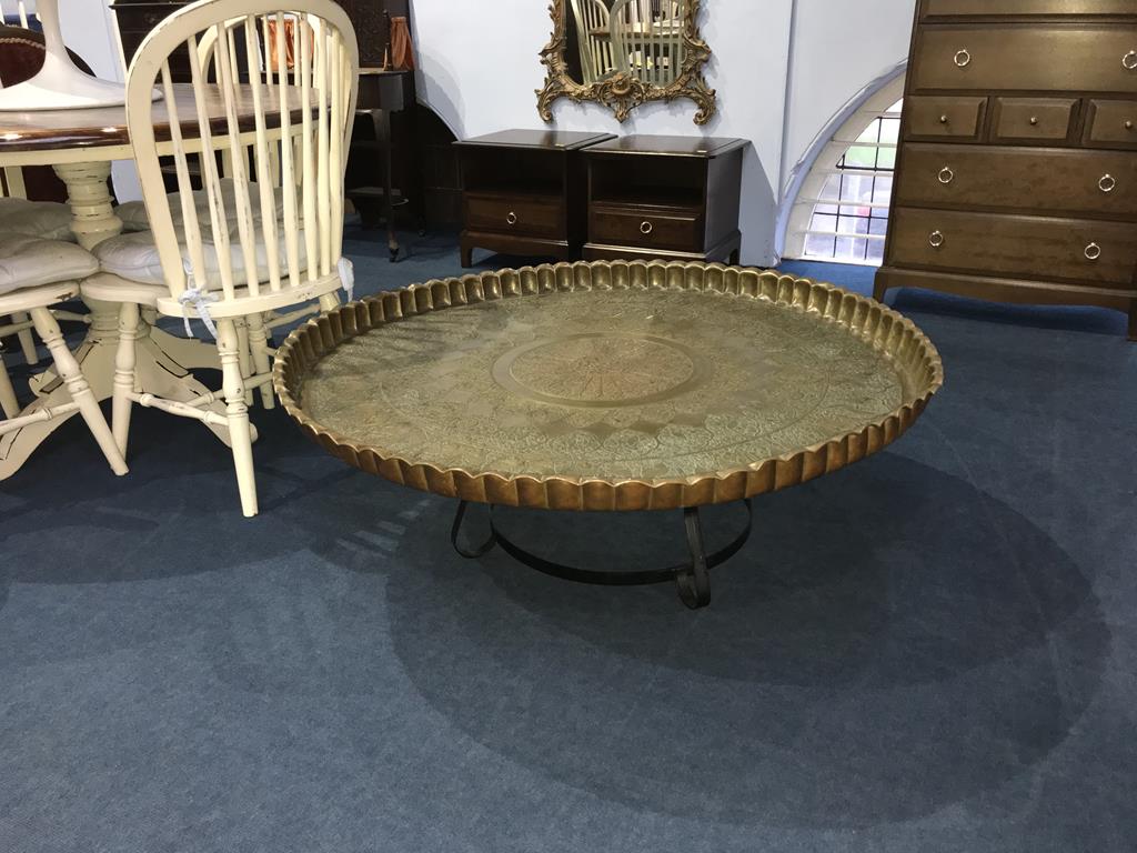 A very large Indian brass circular table, on metalwork stand, 115cm diameter - Image 2 of 2