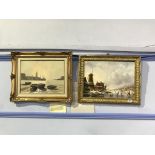 Don Micklethwaite, oil on canvas, signed, 'Harbour scene', 29 x 39cm and Van Strit, oil on board,