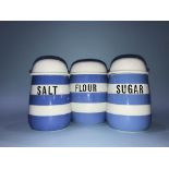 Three Cornish ware sifters 'Flour', 'Sugar' and 'Salt'