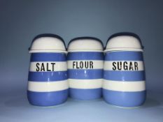 Three Cornish ware sifters 'Flour', 'Sugar' and 'Salt'