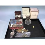 A silver top scent bottle, silver Albert, various commemorative coins, to include £5 and crowns