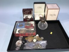 A silver top scent bottle, silver Albert, various commemorative coins, to include £5 and crowns