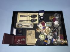 A tray of assorted cutlery, to include masonic jewellery etc.