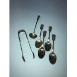 Four silver spoons, Marshall and Sons, Edinburgh 1850, pair of sugar nips and a ladle, 4.8oz