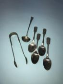 Four silver spoons, Marshall and Sons, Edinburgh 1850, pair of sugar nips and a ladle, 4.8oz