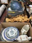 Three boxes of assorted china and Oriental figures etc.