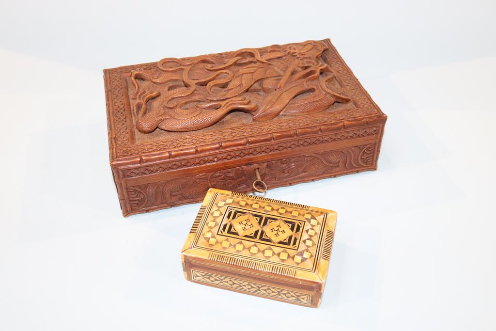 A walnut parquetry work box, a carved wood box and two others - Image 3 of 6