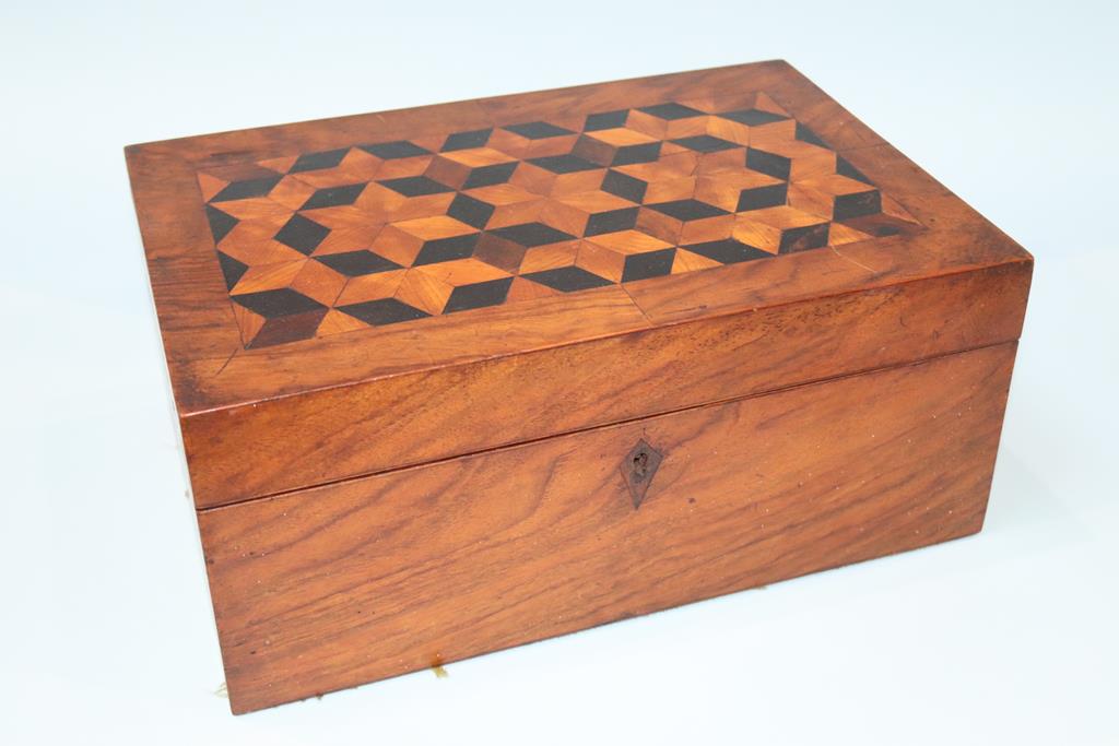 A walnut parquetry work box, a carved wood box and two others - Image 2 of 6