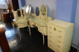 Three Marie Antoinette style dressing tables and two chest of drawers