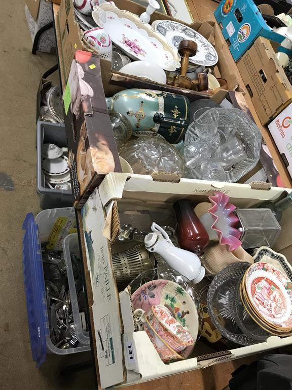 Three trays of assorted china and glass