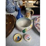 A small Clarice Cliff 'Crocus' pattern pin dish, two other pieces and a Moorcroft vase and trinket