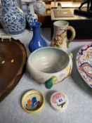 A small Clarice Cliff 'Crocus' pattern pin dish, two other pieces and a Moorcroft vase and trinket