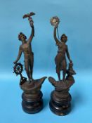 Pair of spelter figures, 34cm high