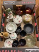 Tray of assorted to include Staffordshire figures, Derby type pot etc.