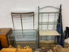 Metalwork and glass shelves, two tables etc.