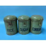 Three green tin storage jars