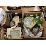 Two trays of assorted to include silver plate, Mary Gregory style decanter etc.