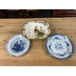 A tin glazed blue and white plate, an Imari plate and a Welsh bowl