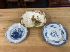 A tin glazed blue and white plate, an Imari plate and a Welsh bowl