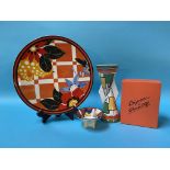 A Wedgwood Clarice Cliff 'Circles and Squares' vase and a 'Blossom' wall plate and a small bowl