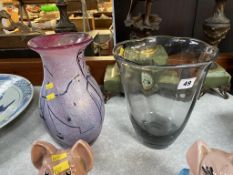 A pink coloured Hartley Wood glass vase and a lead coloured glass vase