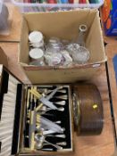 Box of assorted, canteen of cutlery and a mantle clock