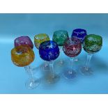 Eight coloured glass wine glasses