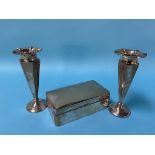 A pair of silver spill vases and a silver cigarette box