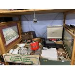 Three trays of assorted, various pictures and an enamel bread bin