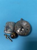 A silver pocket watch, Masonic charm and a vesta