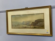 E. Lewis, watercolour, signed, 'Fisherman on the shoreline', 23 x 54cm
