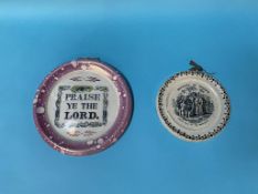A Sunderland purple lustre circular wall plaque, 'Praise Ye Lord' and a small plaque 'History of