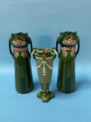 A pair of Eichwald vases and a smaller vase, 25cm and 20cm height