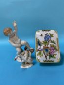 A Herend porcelain figure of a young boy, a box and a figure riding a swan