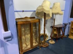 A walnut china cabinet, gilt mirror, standard lamp, two occasional tables etc.