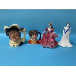 Two Coalport figures and two Doulton character jugs