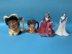 Two Coalport figures and two Doulton character jugs