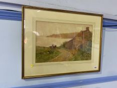 D. Atkinson, watercolour, signed, dated, **97, 'Coastal view of a horse and cart going past a
